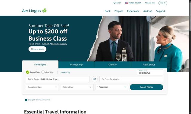 Aer Lingus checkout page showing Aer Lingus promo code box | Screenshot taken by SimplyCodes community member on Apr 30, 2025