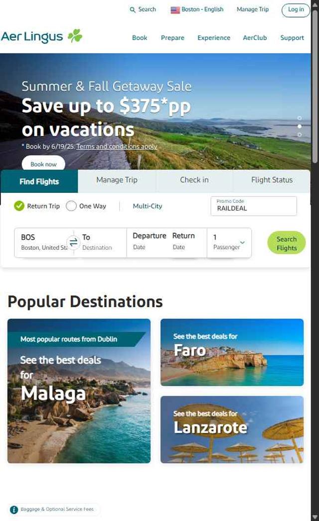 Aer Lingus checkout page showing Aer Lingus promo code box | Screenshot taken by SimplyCodes community member on Jun 13, 2025