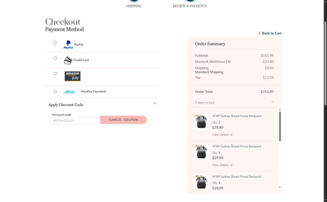 Aeroflow Breastpumps checkout page showing Aeroflow Breastpumps discount code box | Screenshot taken by SimplyCodes community member on Jul 16, 2025