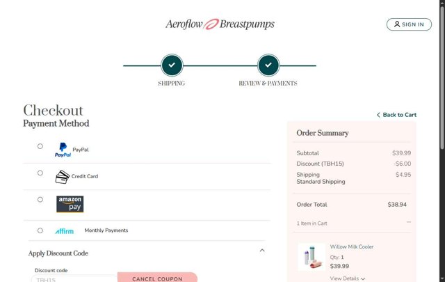 Aeroflow Breastpumps checkout page showing Aeroflow Breastpumps discount code box | Screenshot taken by SimplyCodes community member on Aug 7, 2025