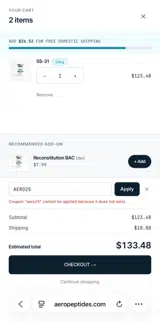 Aero Peptides coupon verification screenshot