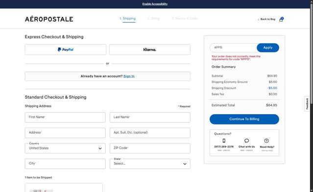 Aeropostale checkout page showing Aeropostale promo code box | Screenshot taken by SimplyCodes community member on Aug 17, 2025