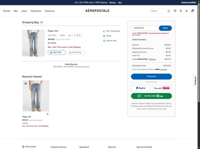Aeropostale checkout page showing Aeropostale promo code box | Screenshot taken by SimplyCodes community member on Aug 26, 2025