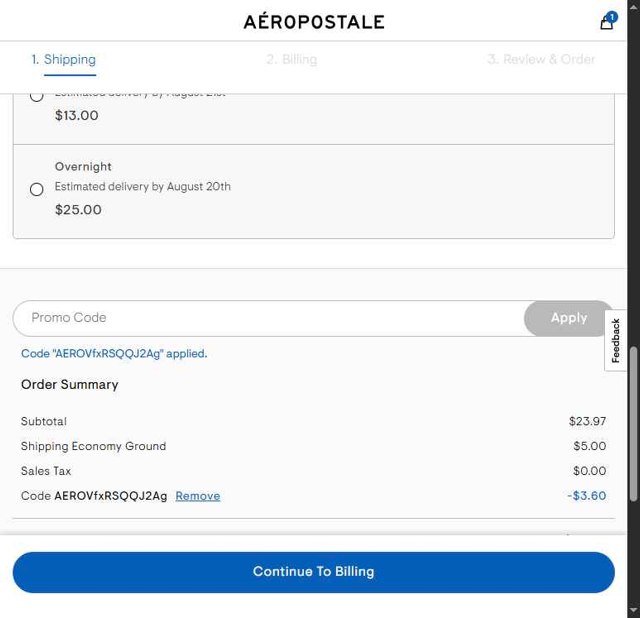Aeropostale checkout page showing Aeropostale promo code box | Screenshot taken by SimplyCodes community member on Aug 19, 2025