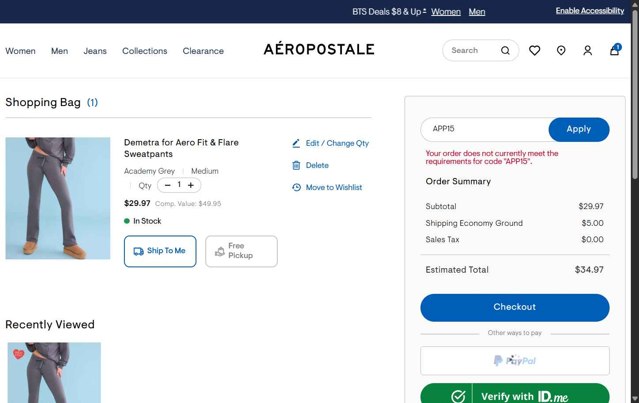 Aeropostale checkout page showing Aeropostale promo code box | Screenshot taken by SimplyCodes community member on Aug 25, 2025