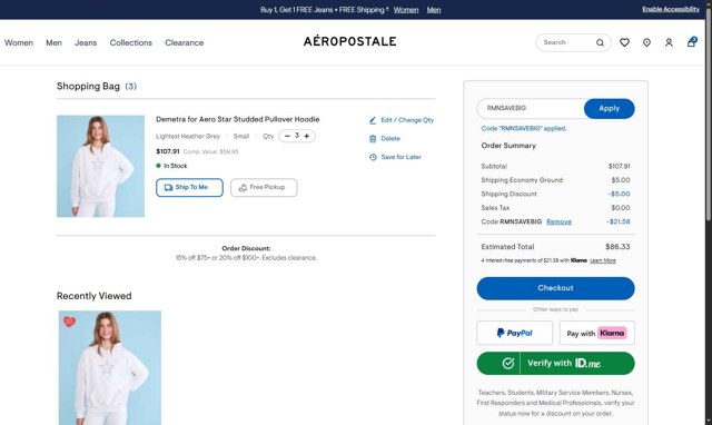 Aeropostale checkout page showing Aeropostale promo code box | Screenshot taken by SimplyCodes community member on Aug 24, 2025