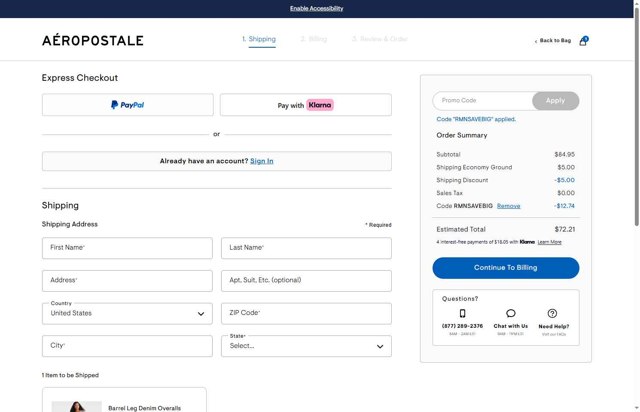 Aeropostale checkout page showing Aeropostale promo code box | Screenshot taken by SimplyCodes community member on Aug 17, 2025