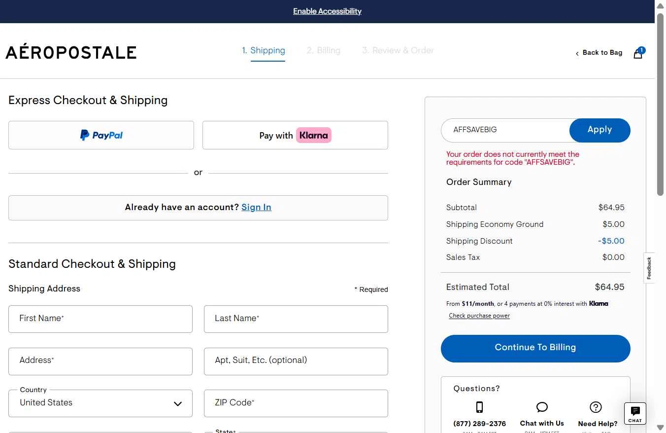 Aeropostale checkout page showing Aeropostale promo code box | Screenshot taken by SimplyCodes community member on Feb 14, 2026