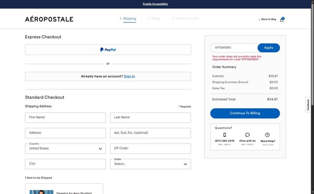 Aeropostale checkout page showing Aeropostale promo code box | Screenshot taken by SimplyCodes community member on Aug 18, 2025