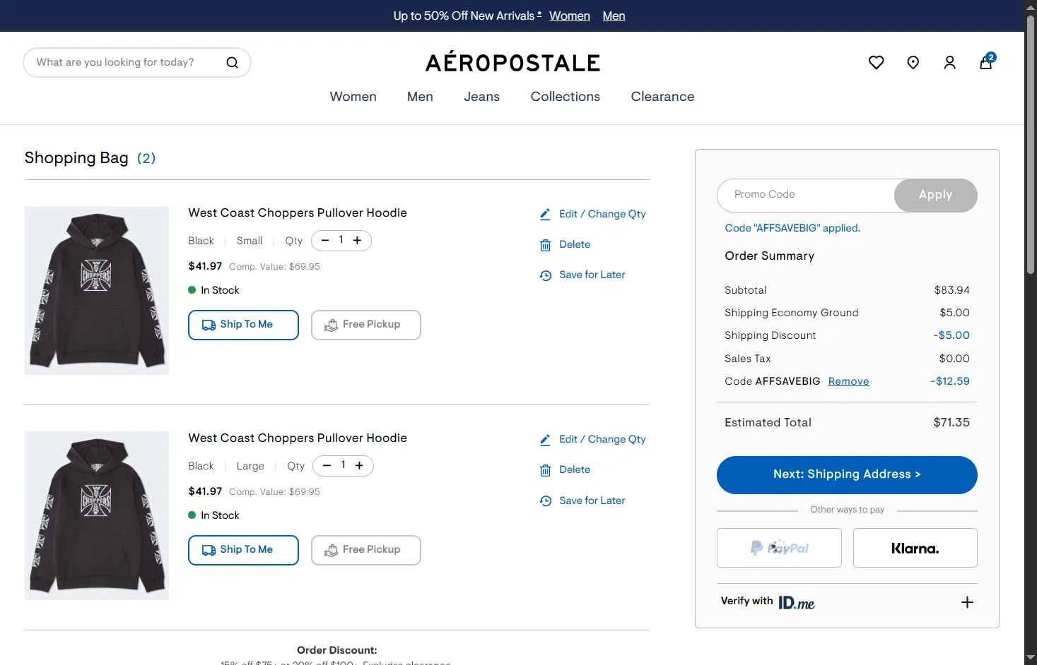 Aeropostale checkout page showing Aeropostale promo code box | Screenshot taken by SimplyCodes community member on Feb 9, 2026