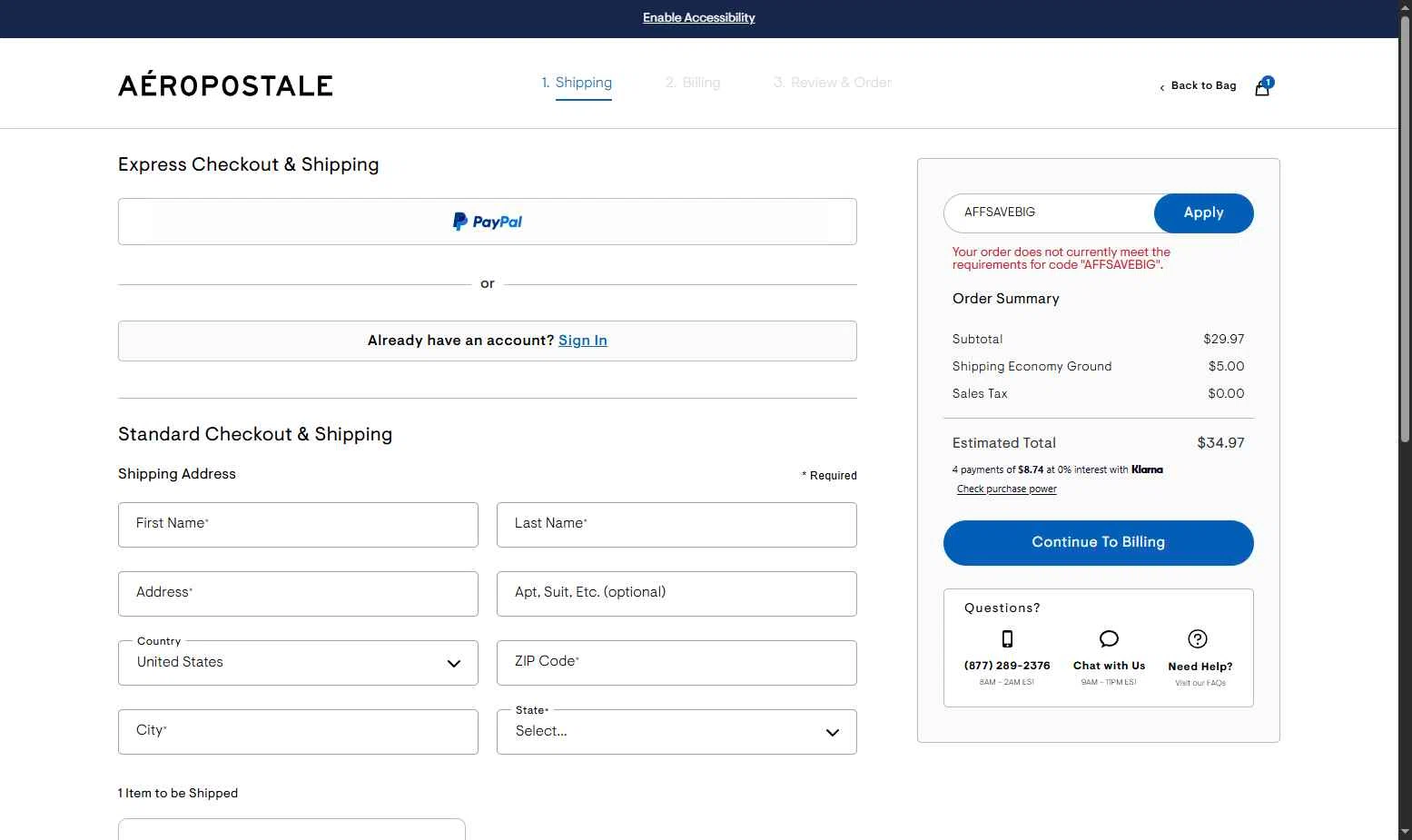 Aeropostale checkout page showing Aeropostale promo code box | Screenshot taken by SimplyCodes community member on Jan 14, 2026