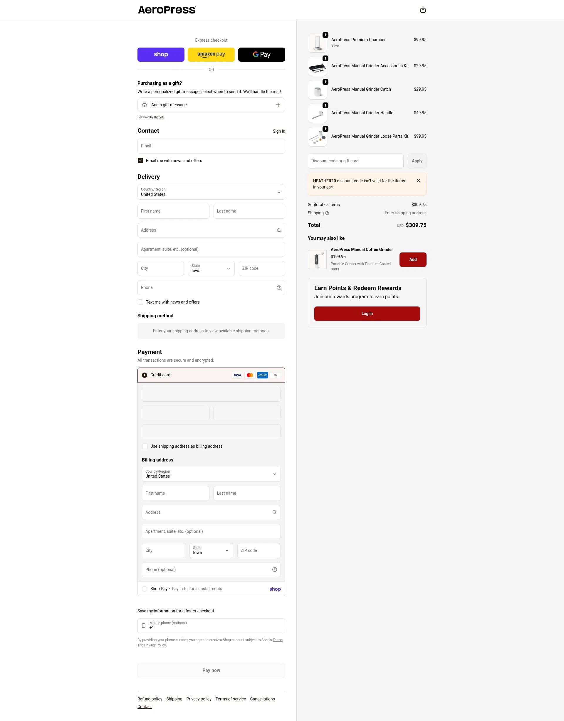 Aeropress checkout page showing Aeropress promo code box | Screenshot taken by SimplyCodes community member on Feb 6, 2026