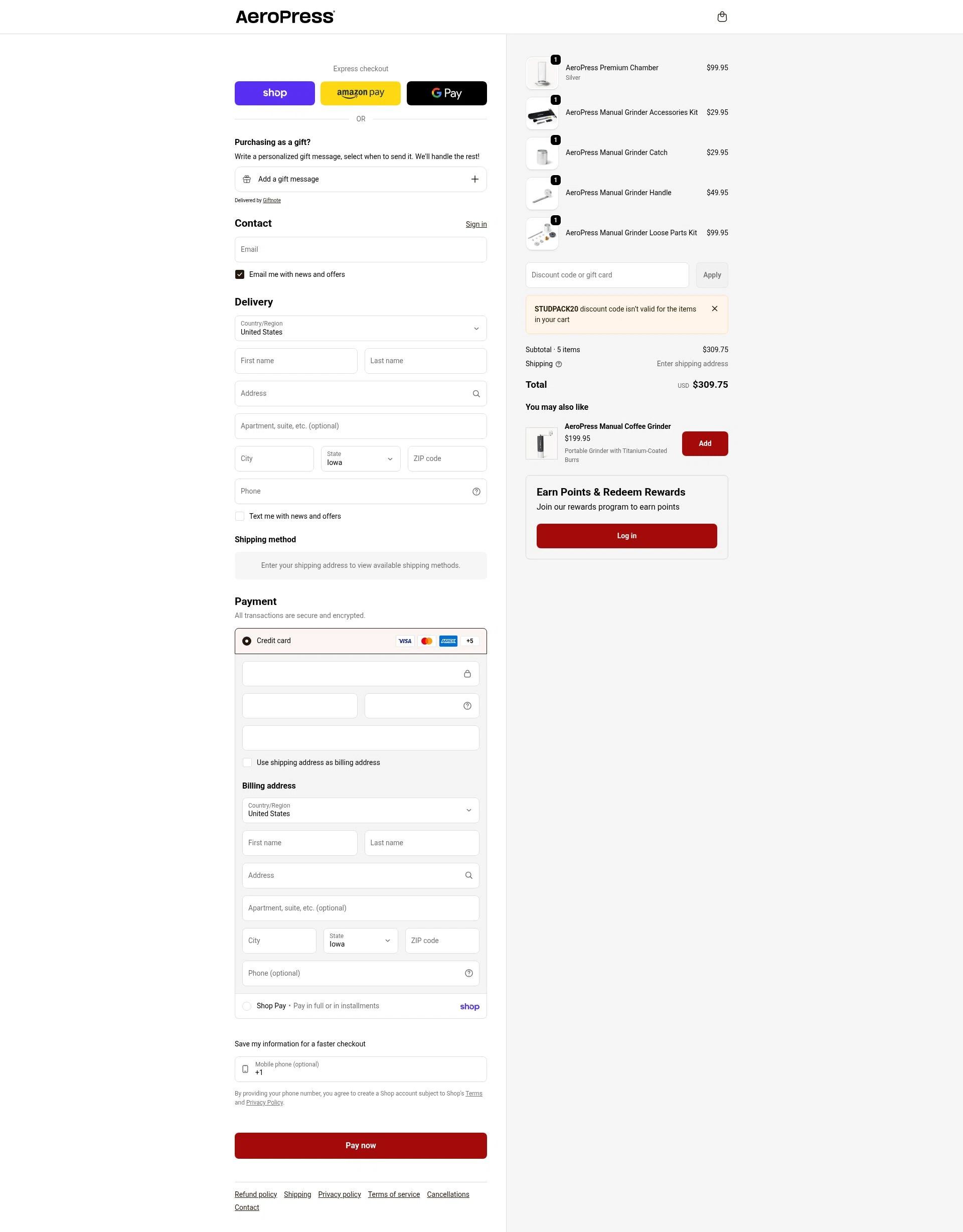 Aeropress checkout page showing Aeropress promo code box | Screenshot taken by SimplyCodes community member on Feb 6, 2026
