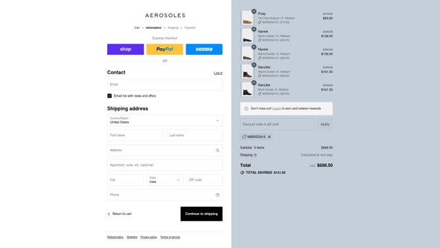 Aerosoles checkout page showing Aerosoles discount code box | Screenshot taken by SimplyCodes community member on Aug 29, 2025