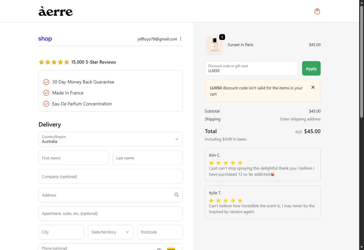 Àerre checkout page showing Àerre promo code box | Screenshot taken by SimplyCodes community member on Nov 28, 2025