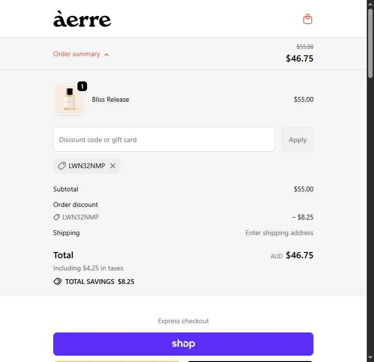 Àerre checkout page showing Àerre promo code box | Screenshot taken by SimplyCodes community member on Sep 27, 2025