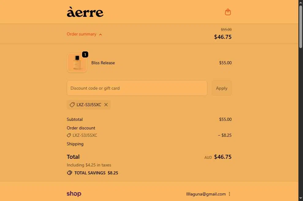 Àerre checkout page showing Àerre promo code box | Screenshot taken by SimplyCodes community member on Oct 15, 2025