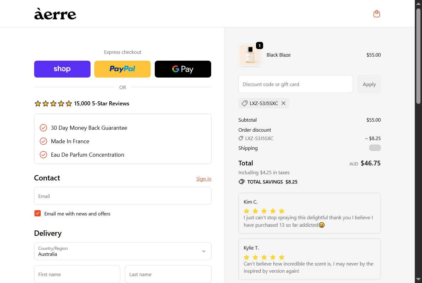 Àerre checkout page showing Àerre promo code box | Screenshot taken by SimplyCodes community member on Oct 17, 2025
