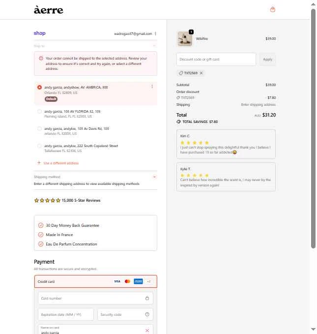 Àerre checkout page showing Àerre promo code box | Screenshot taken by SimplyCodes community member on Feb 6, 2026