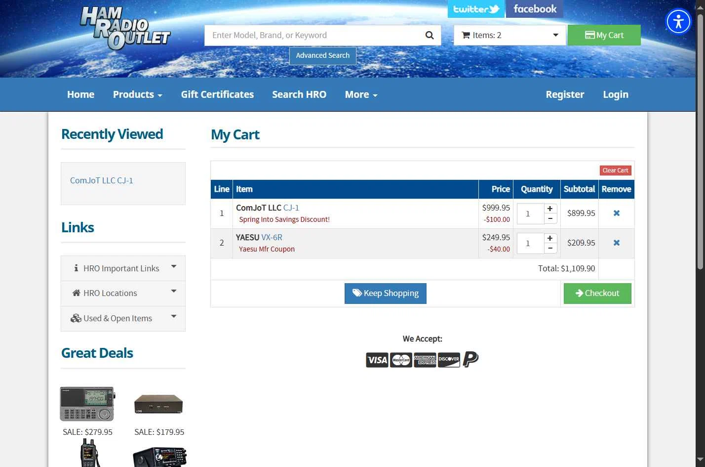 Ham Radio Outlet checkout page showing Ham Radio Outlet discount code box | Screenshot taken by SimplyCodes community member on May 4, 2025