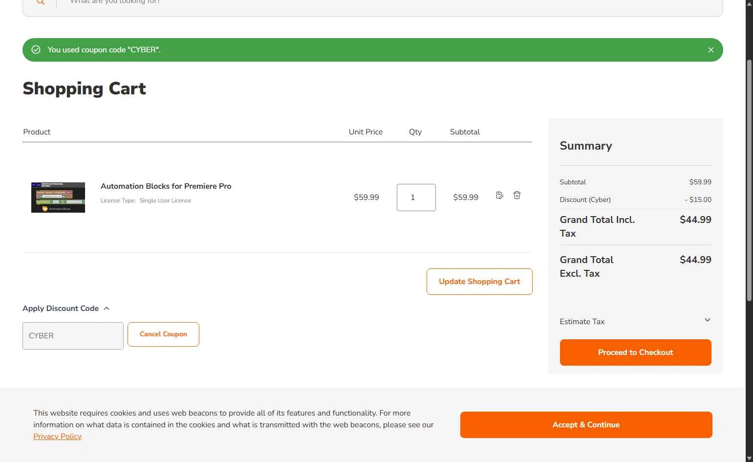 Aescripts checkout page showing Aescripts discount code box | Screenshot taken by SimplyCodes community member on Dec 4, 2025