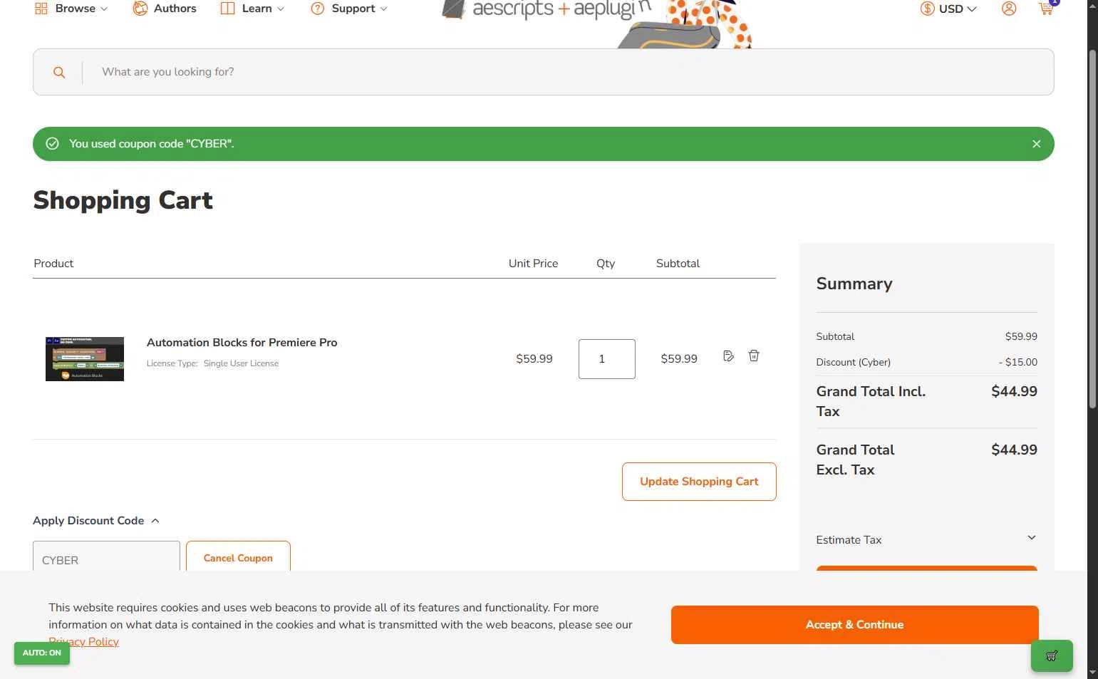 Aescripts checkout page showing Aescripts discount code box | Screenshot taken by SimplyCodes community member on Nov 28, 2025