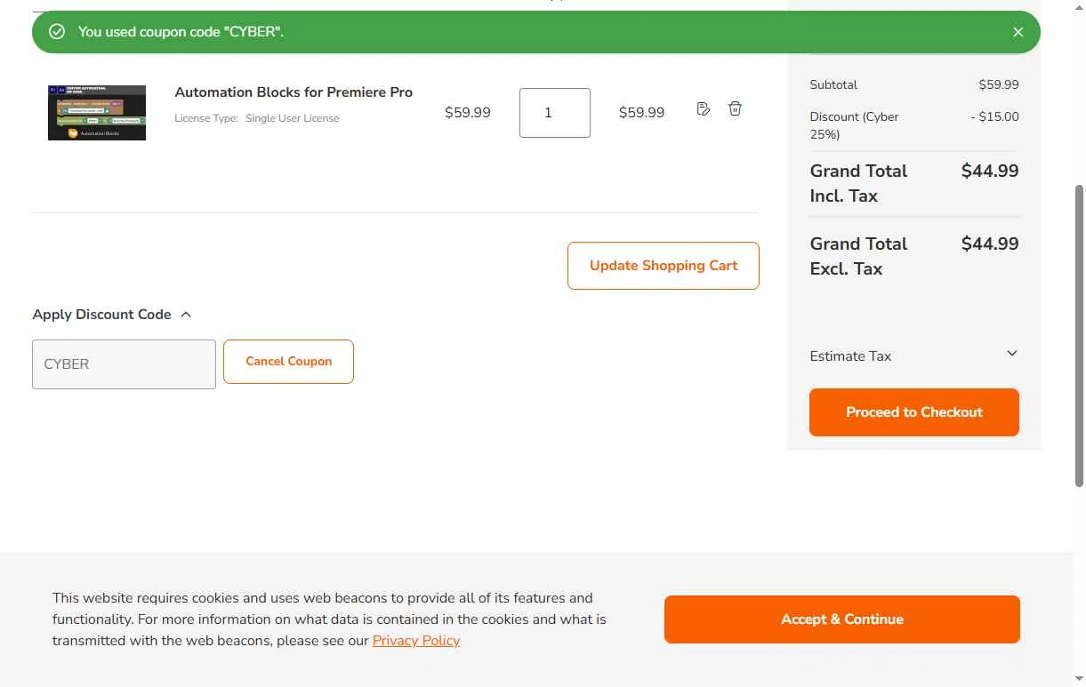 Aescripts checkout page showing Aescripts discount code box | Screenshot taken by SimplyCodes community member on Nov 10, 2025