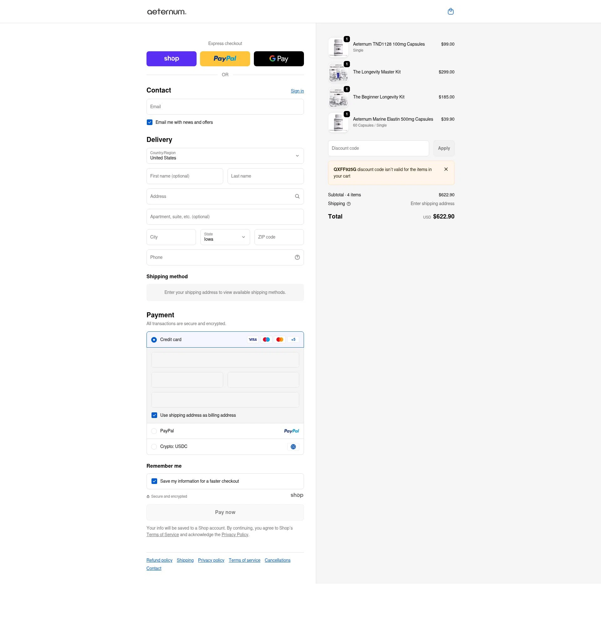 The Aeternum Company checkout page showing The Aeternum Company promo code box | Screenshot taken by SimplyCodes community member on Jan 4, 2026