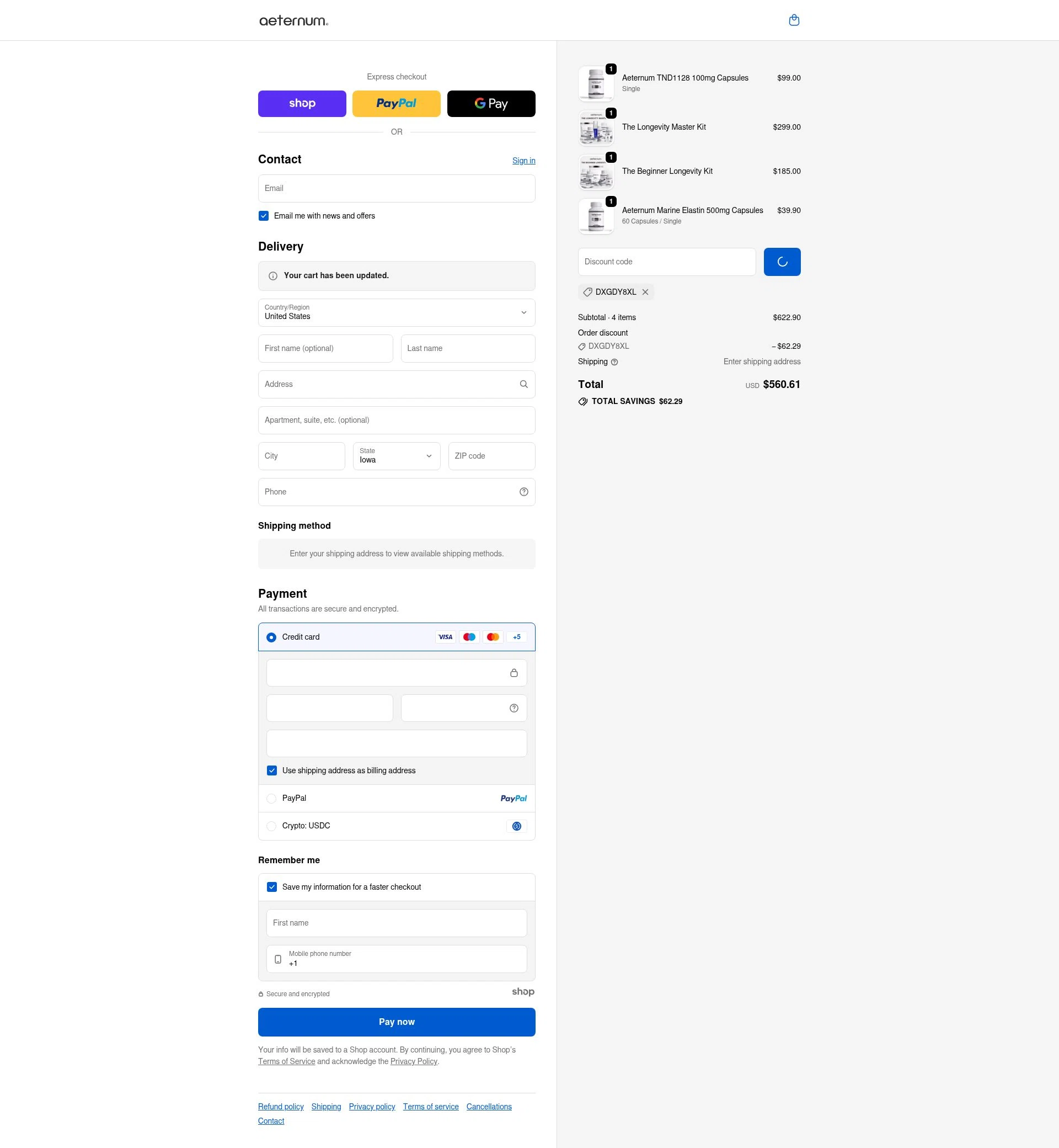 The Aeternum Company checkout page showing The Aeternum Company promo code box | Screenshot taken by SimplyCodes community member on Jan 4, 2026