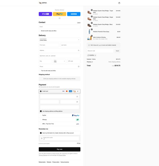 Aetrex checkout page showing Aetrex promo code box | Screenshot taken by SimplyCodes community member on Aug 11, 2025
