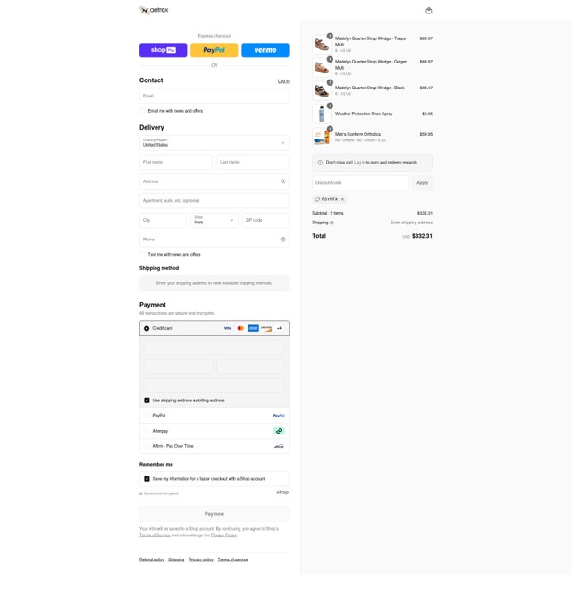 Aetrex checkout page showing Aetrex promo code box | Screenshot taken by SimplyCodes community member on Aug 25, 2025