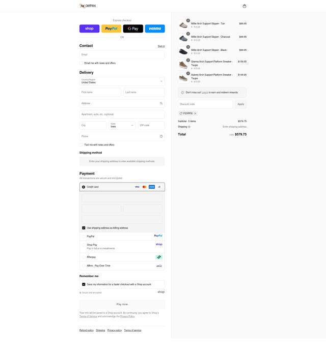 Aetrex checkout page showing Aetrex promo code box | Screenshot taken by SimplyCodes community member on Sep 11, 2025