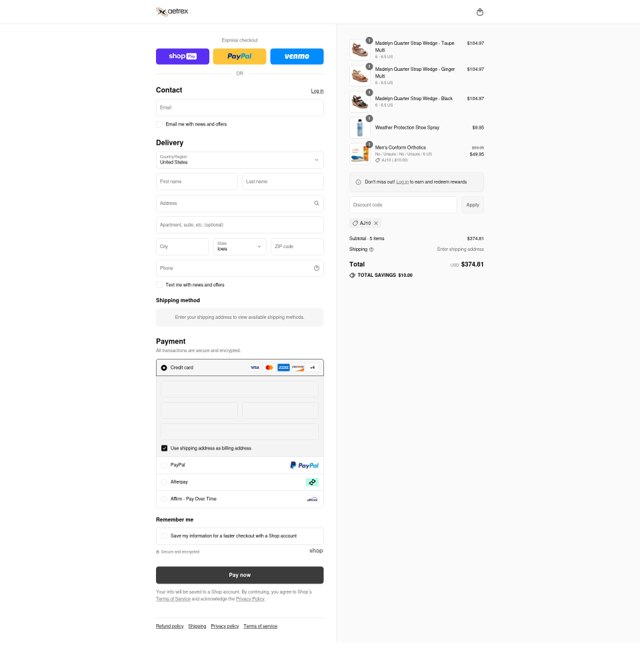 Aetrex checkout page showing Aetrex promo code box | Screenshot taken by SimplyCodes community member on Jul 30, 2025