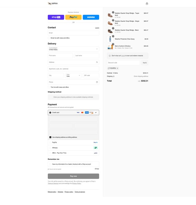 Aetrex checkout page showing Aetrex promo code box | Screenshot taken by SimplyCodes community member on Aug 21, 2025