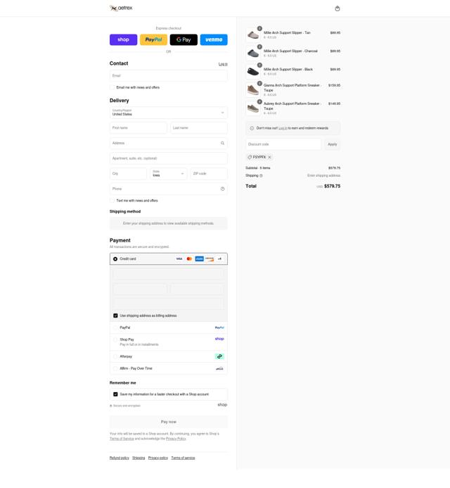 Aetrex checkout page showing Aetrex promo code box | Screenshot taken by SimplyCodes community member on Sep 7, 2025