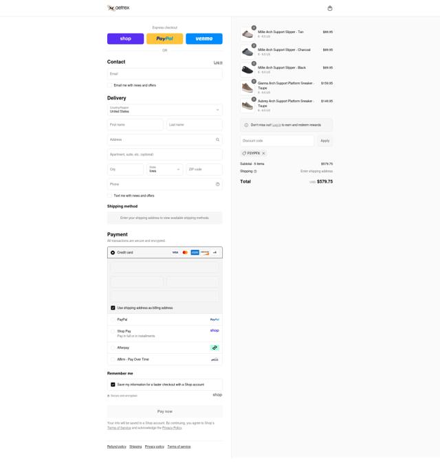 Aetrex checkout page showing Aetrex promo code box | Screenshot taken by SimplyCodes community member on Sep 3, 2025