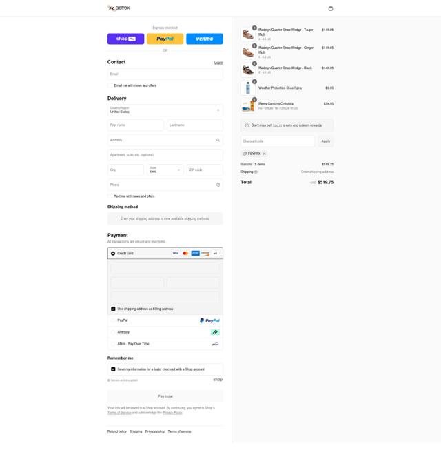 Aetrex checkout page showing Aetrex promo code box | Screenshot taken by SimplyCodes community member on Aug 8, 2025