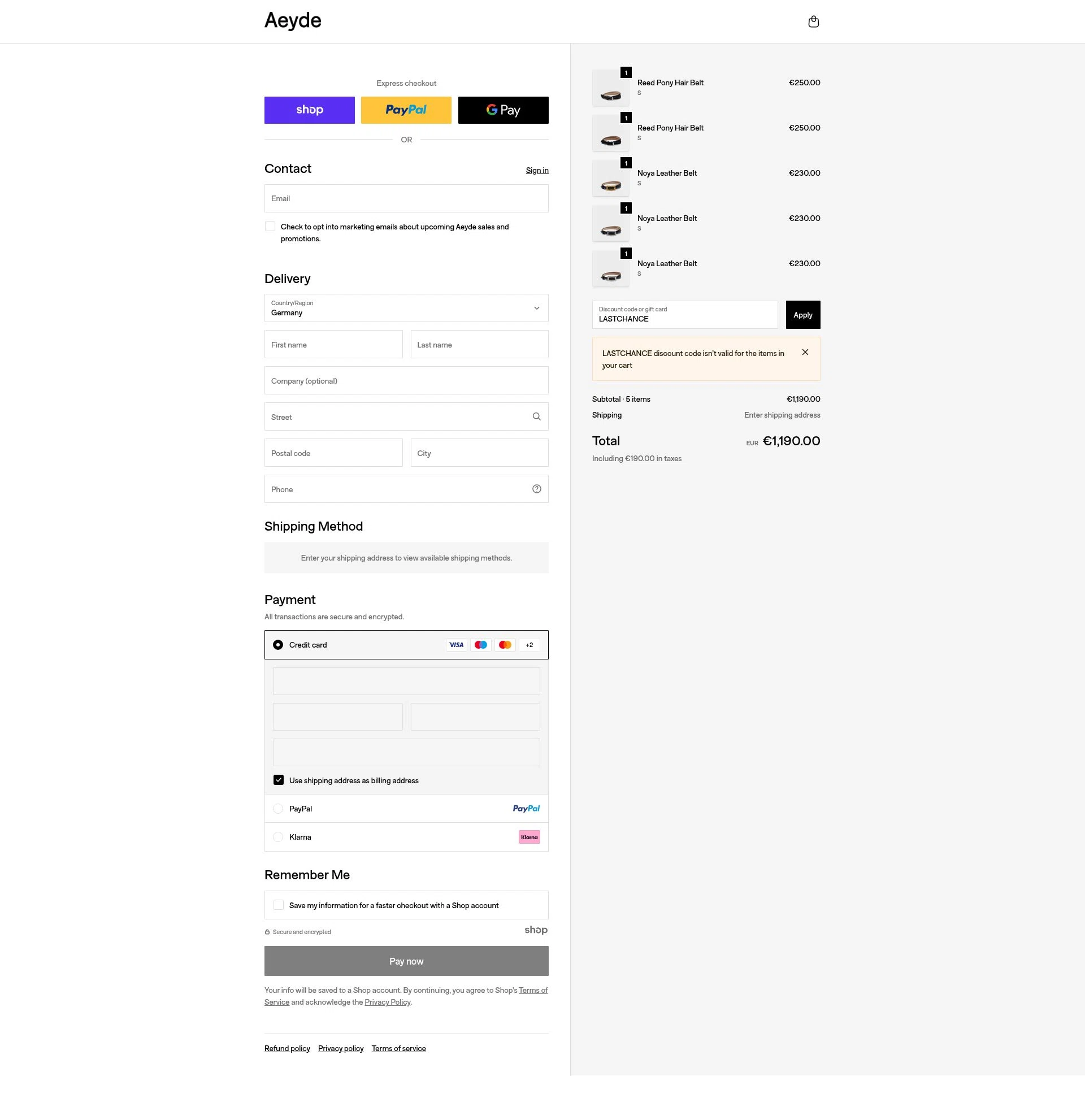 Aeyde checkout page showing Aeyde promo code box | Screenshot taken by SimplyCodes community member on Nov 15, 2025