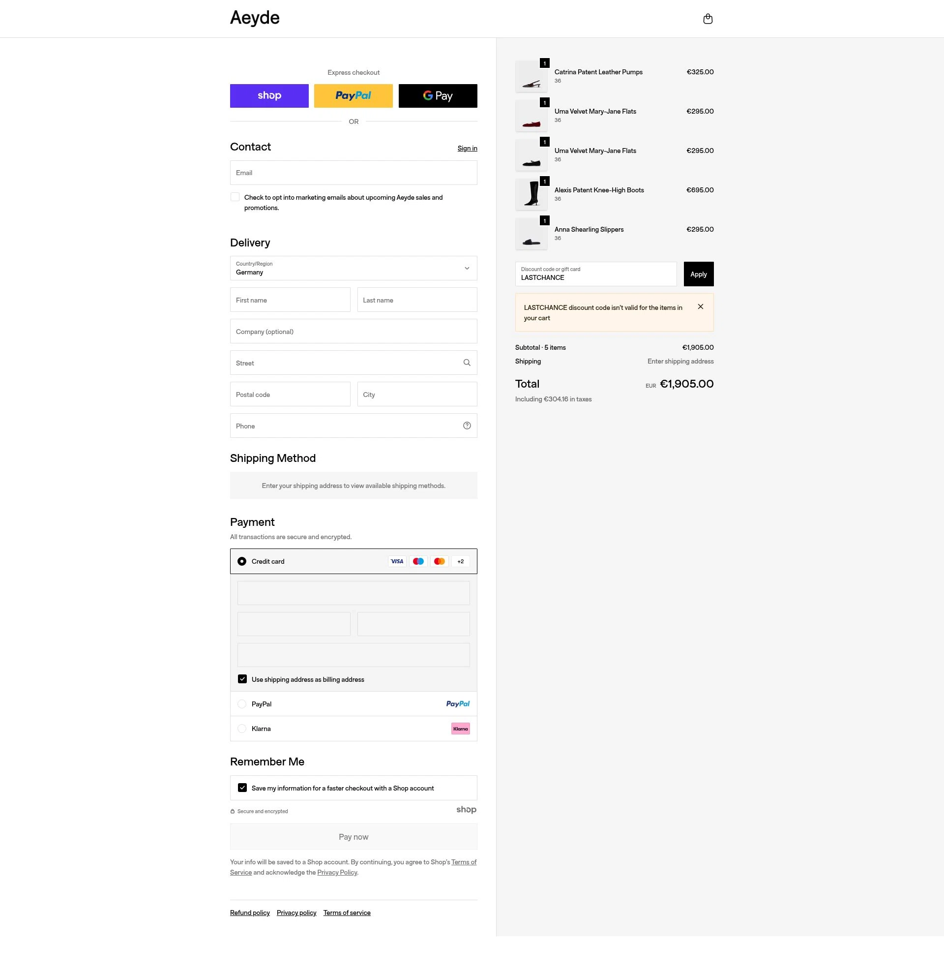 Aeyde checkout page showing Aeyde promo code box | Screenshot taken by SimplyCodes community member on Nov 30, 2025