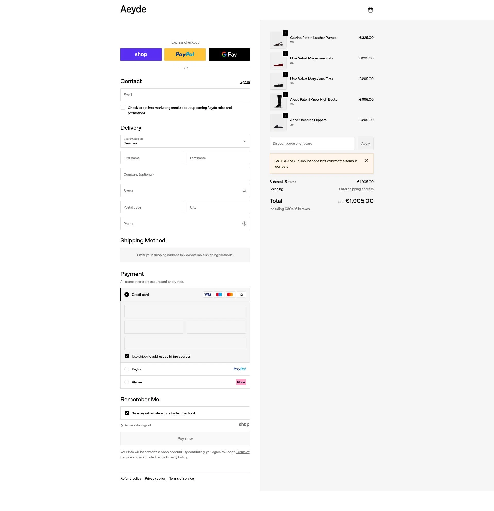 Aeyde checkout page showing Aeyde promo code box | Screenshot taken by SimplyCodes community member on Dec 17, 2025