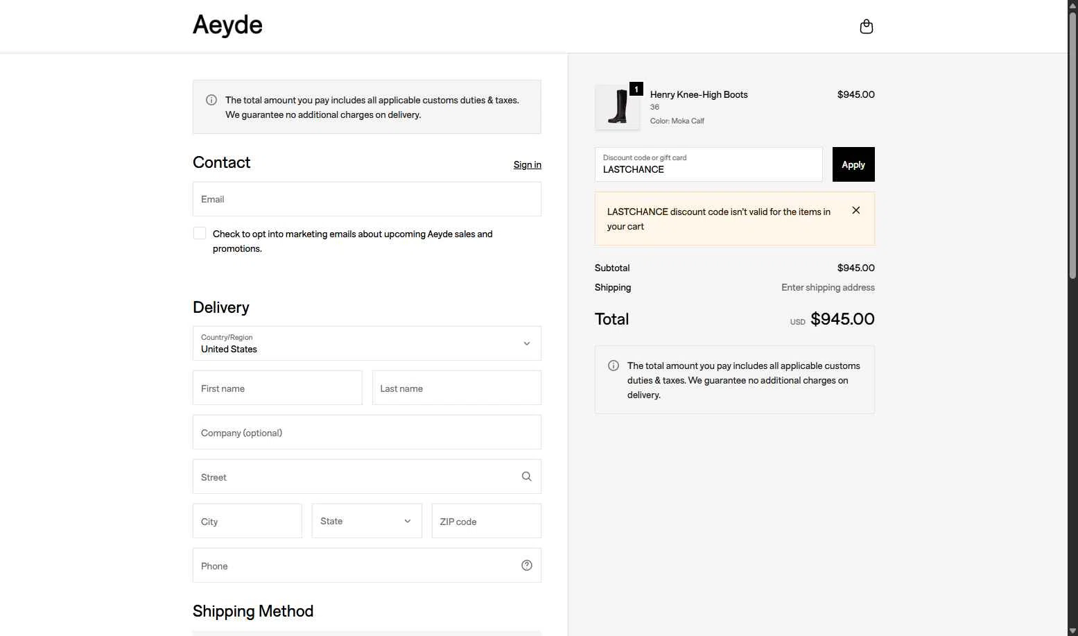 Aeyde checkout page showing Aeyde promo code box | Screenshot taken by SimplyCodes community member on Dec 10, 2025
