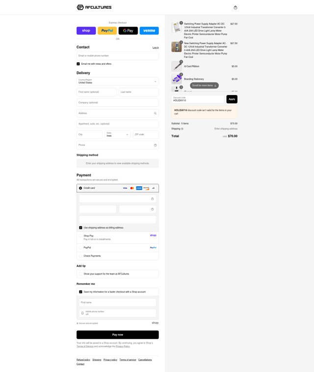 Afcultures checkout page showing Afcultures discount code box | Screenshot taken by SimplyCodes community member on Sep 7, 2025