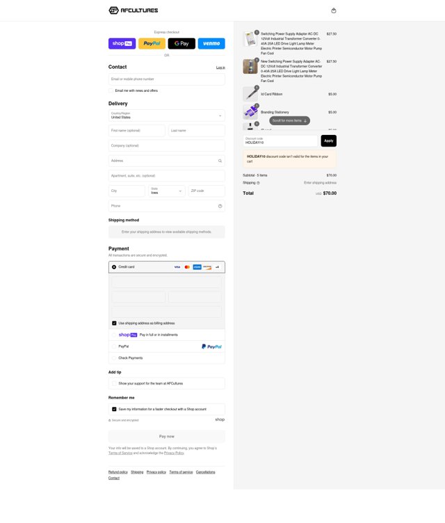 Afcultures checkout page showing Afcultures discount code box | Screenshot taken by SimplyCodes community member on Jul 30, 2025