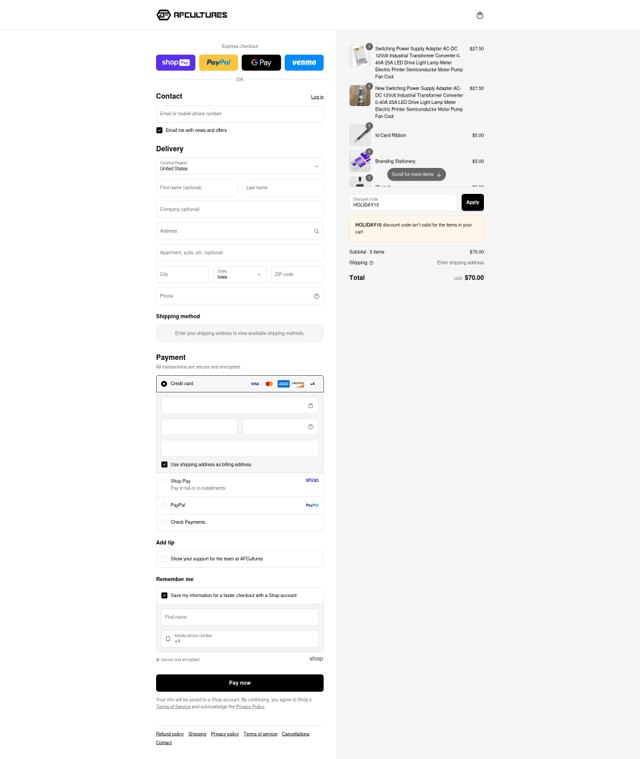 Afcultures checkout page showing Afcultures discount code box | Screenshot taken by SimplyCodes community member on Aug 25, 2025