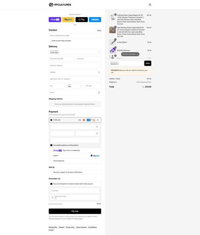 Afcultures checkout page showing Afcultures discount code box | Screenshot taken by SimplyCodes community member on Aug 4, 2025