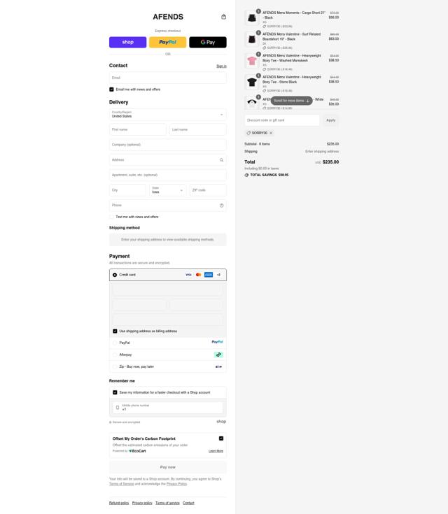 Afends checkout page showing Afends promo code box | Screenshot taken by SimplyCodes community member on Sep 12, 2025