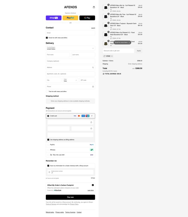 Afends checkout page showing Afends promo code box | Screenshot taken by SimplyCodes community member on Aug 13, 2025