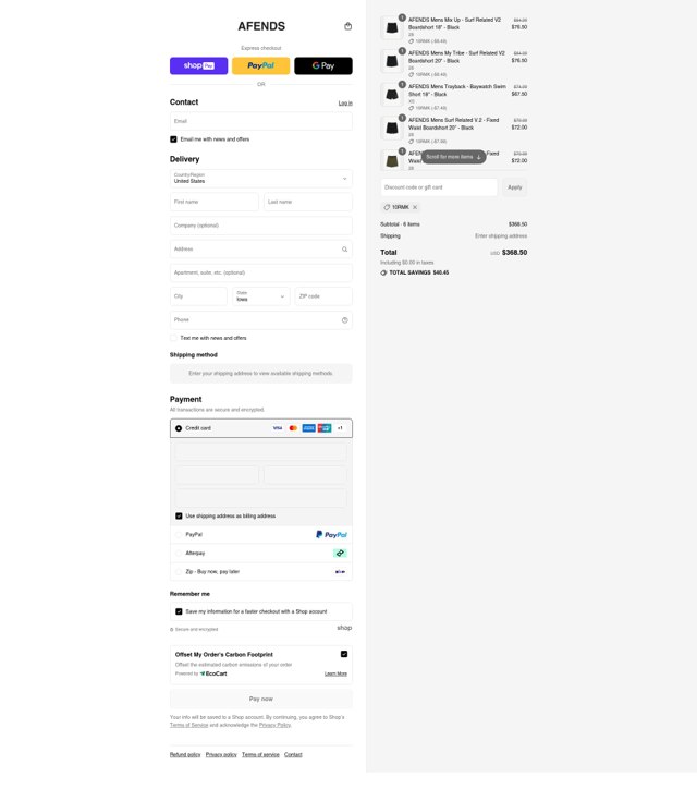 Afends checkout page showing Afends promo code box | Screenshot taken by SimplyCodes community member on Aug 9, 2025