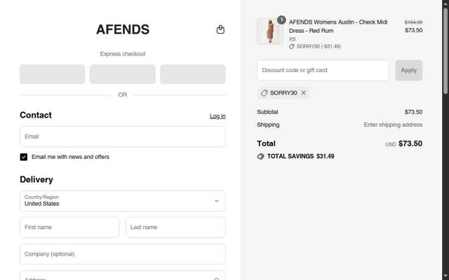 Afends checkout page showing Afends promo code box | Screenshot taken by SimplyCodes community member on Aug 22, 2025