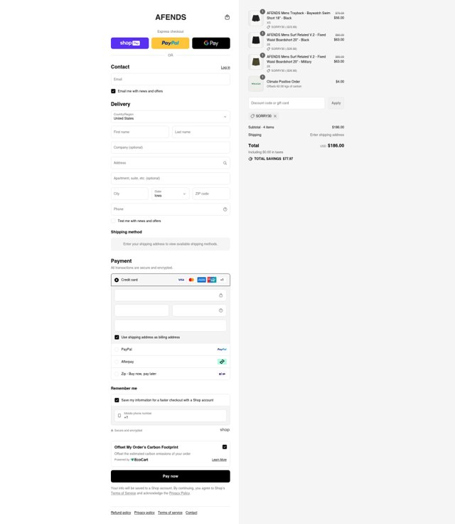 Afends checkout page showing Afends promo code box | Screenshot taken by SimplyCodes community member on Aug 25, 2025